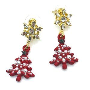 Pearl Beaded Red Christmas Trees with Rhinestone Snowflakes Holiday Earrings New